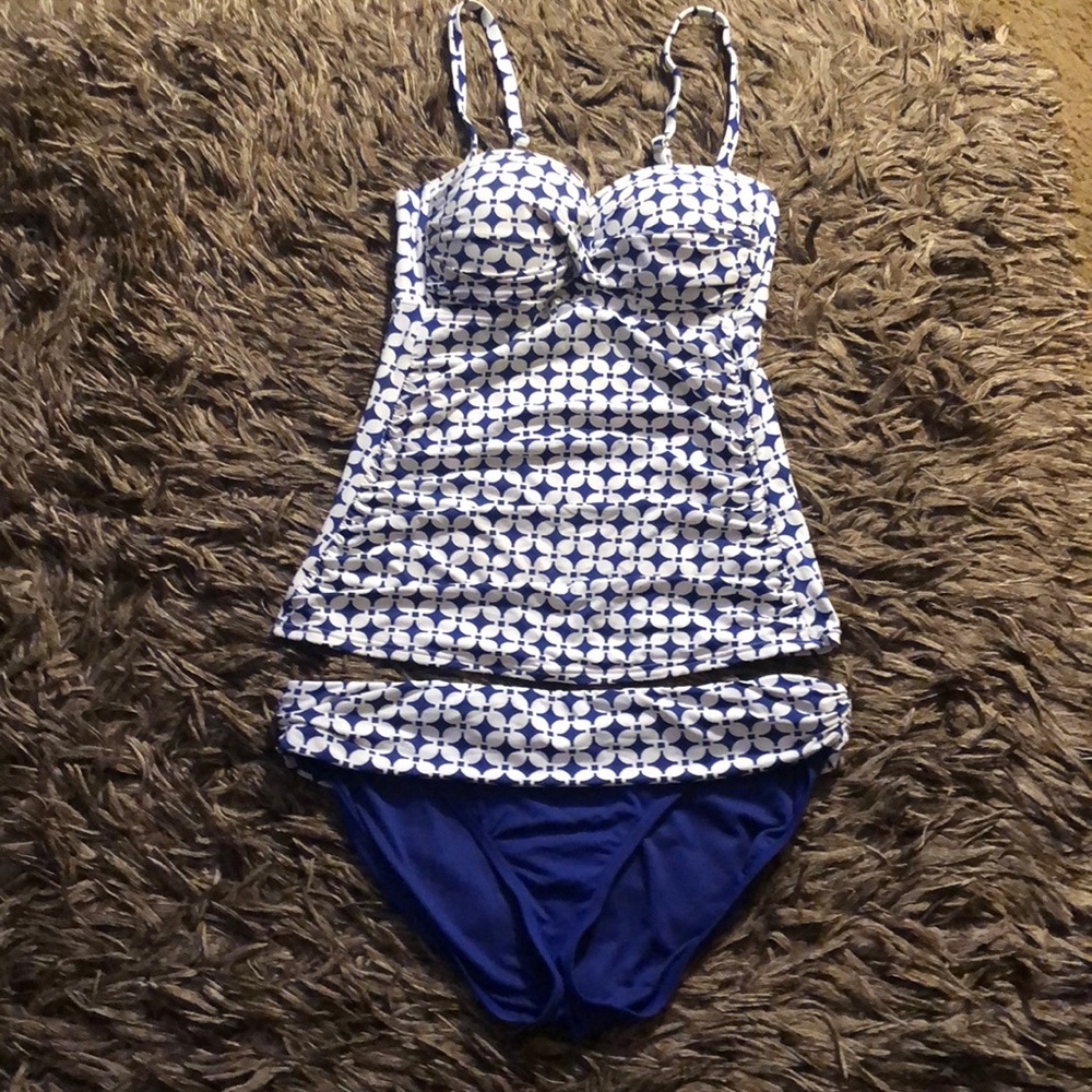 Wave Zone 2Pc Tankini Swimsuits Top (Size 8)Bottoms ( Size 12) Blue & White